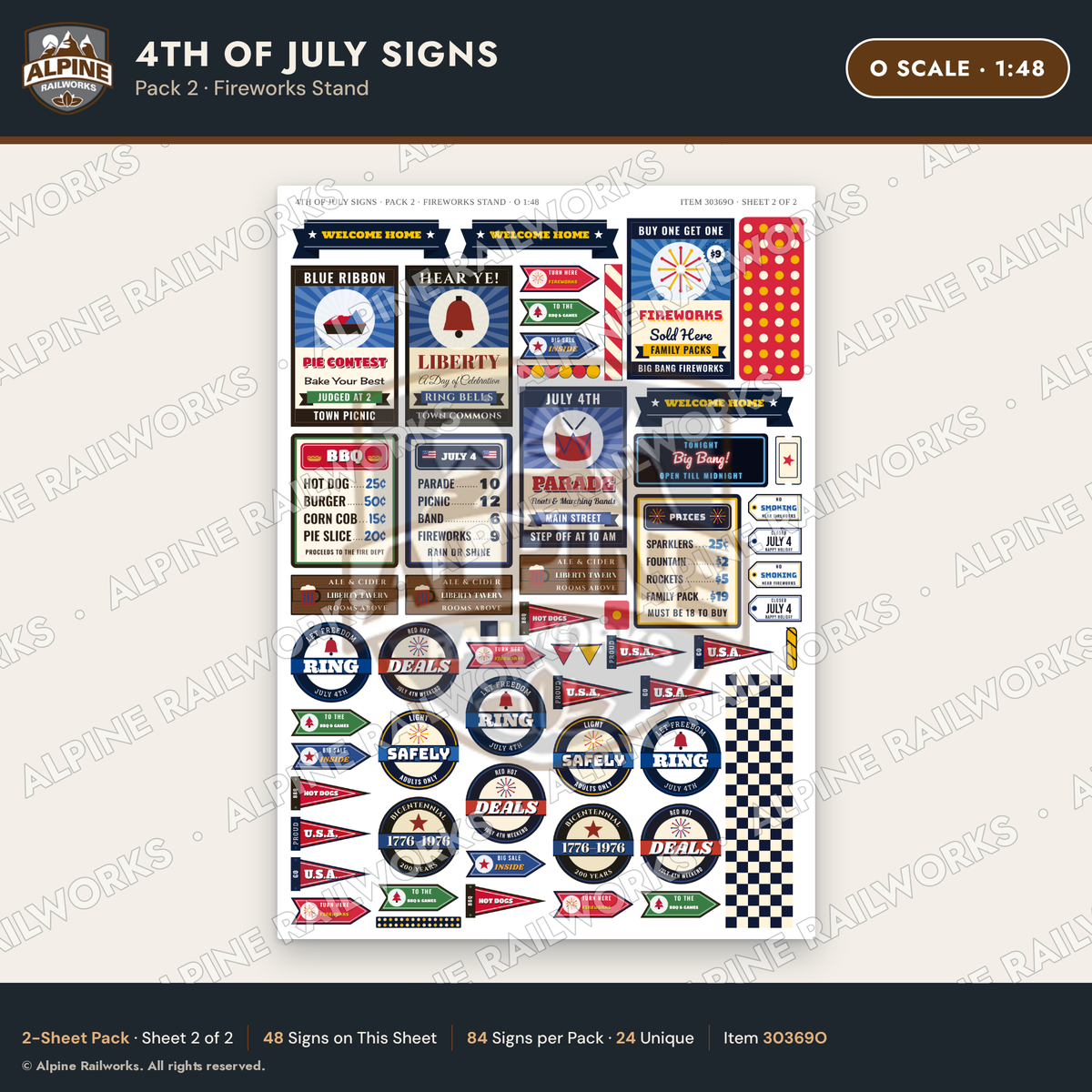 Alpine Railworks 30369O O Scale 4th of July Signs - Fireworks Stand
