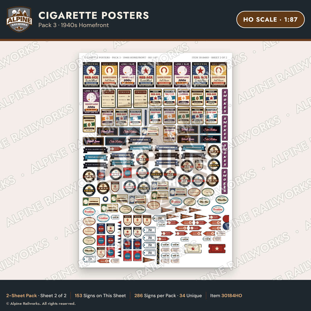 Alpine Railworks 30184HO HO Scale Cigarette Posters - 1940s Homefront