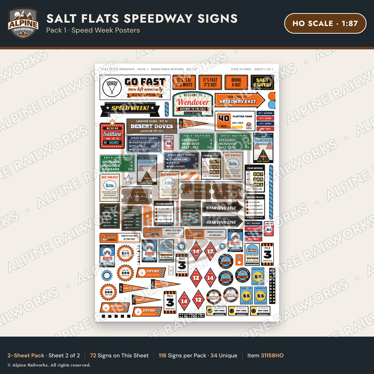 Alpine Railworks 31158HO HO Scale Racing Signs - Salt Flats Speedway