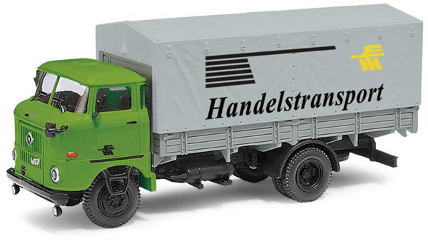 Busch 95133 HO Scale W50L Sp Low-Sided Delivery Truck w/Tarp Cover - Assembled -- Handel Transport (green, gray, black, German Lettering)