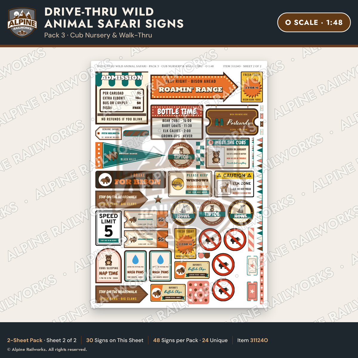 Alpine Railworks 31124O O Scale Roadside Signs - Drive-Thru Safari