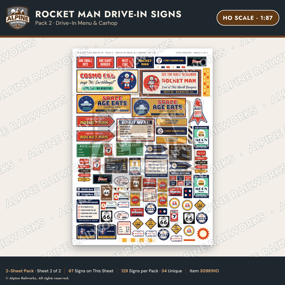 Alpine Railworks 30961HO HO Scale Roadside Signs - Spaceman Drive-In