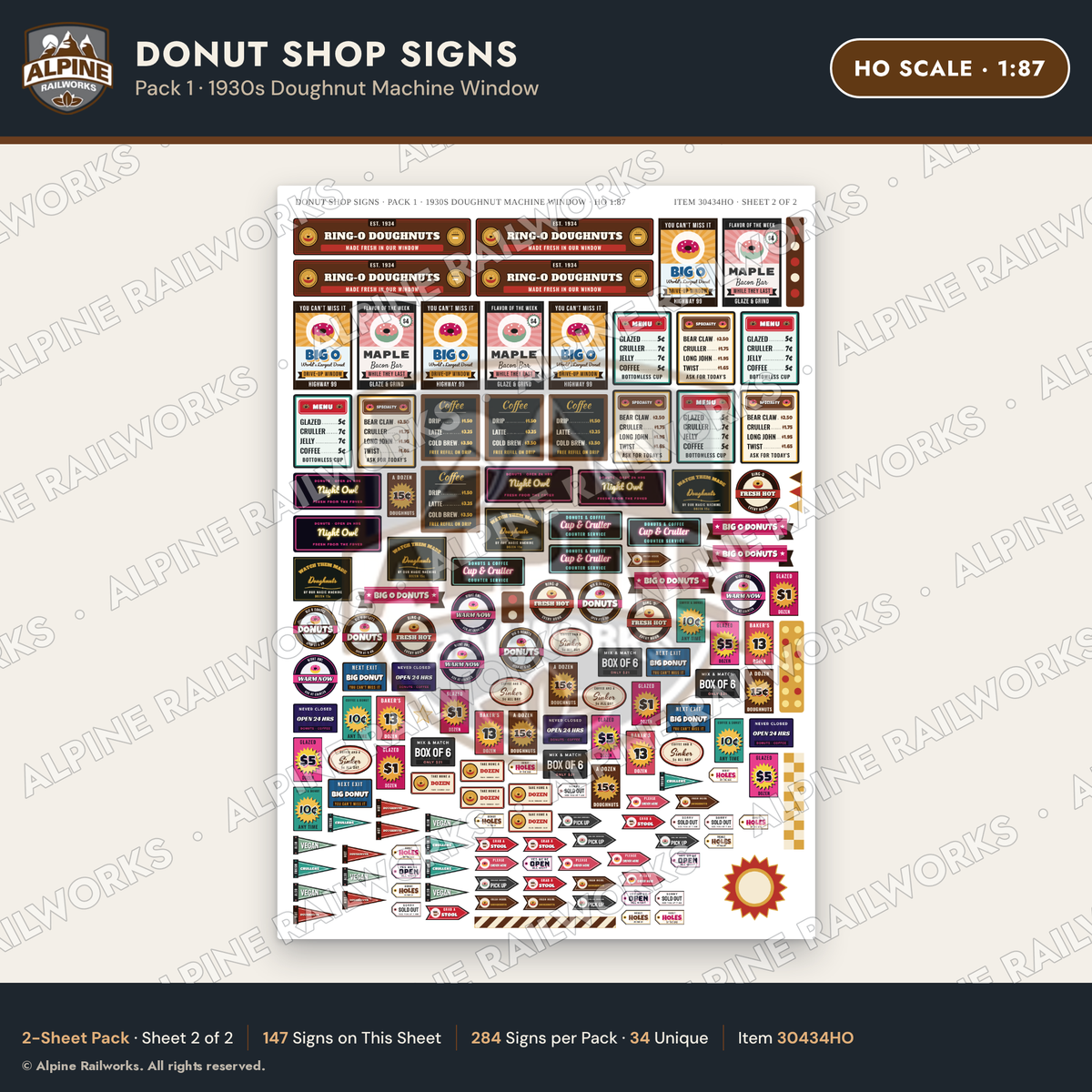 Alpine Railworks 30434HO HO Scale Donut Shop Signs