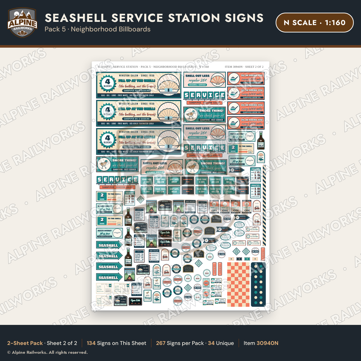 Alpine Railworks 30940N N Scale Roadside Signs - Seashell Gas Station