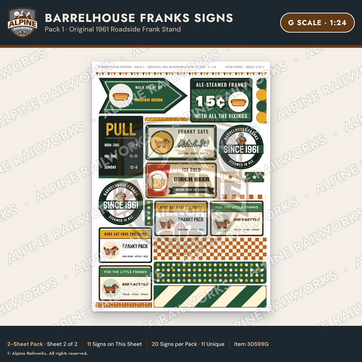 Alpine Railworks 30599G G Scale Fast Food Signs - Hot Dogs
