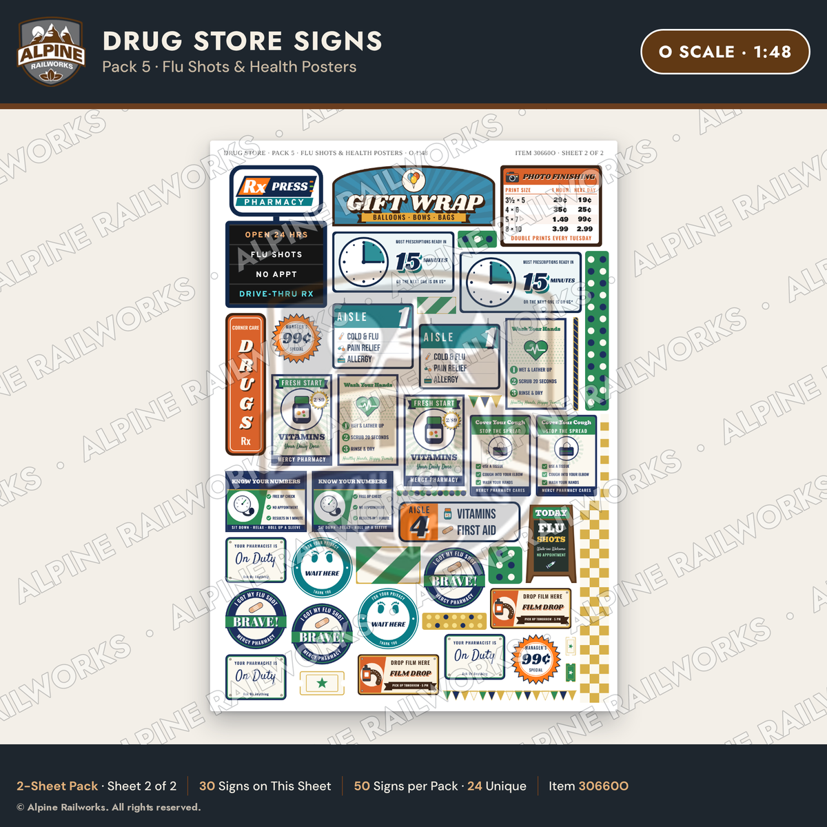 Alpine Railworks 30660O O Scale Drug Store Signs - Flu Shots