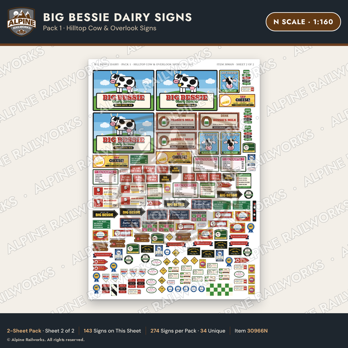 Alpine Railworks 30966N N Scale Roadside Signs - Giant Cow Dairy