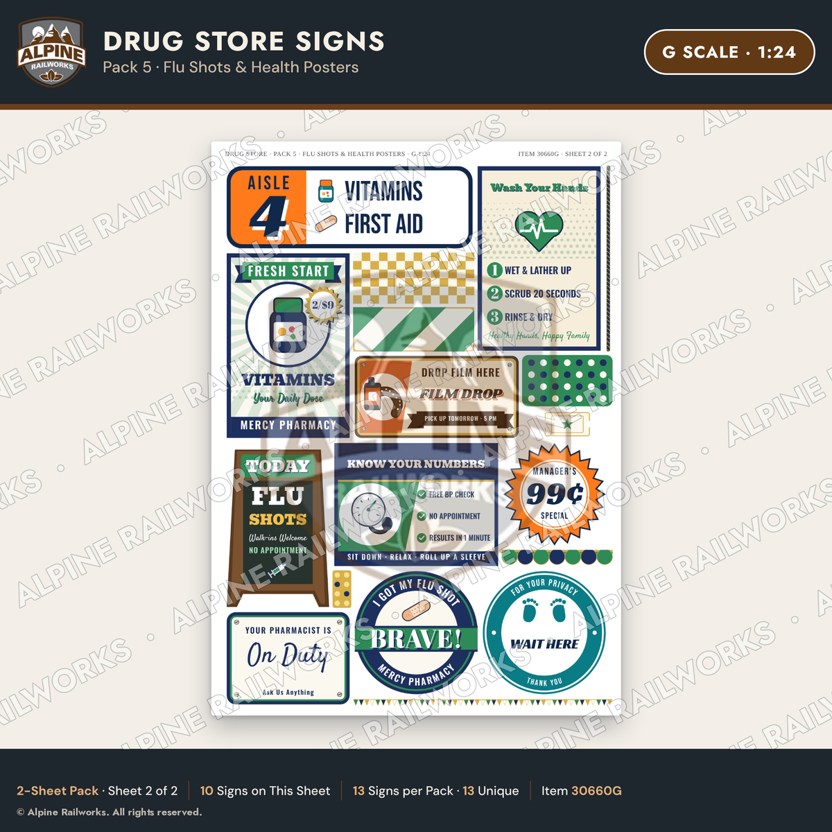 Alpine Railworks 30660G G Scale Drug Store Signs - Flu Shots
