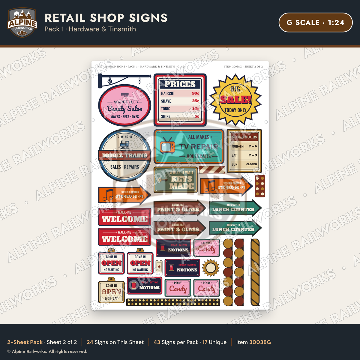 Alpine Railworks 30038G G Scale Retail Shop Signs - Hardware