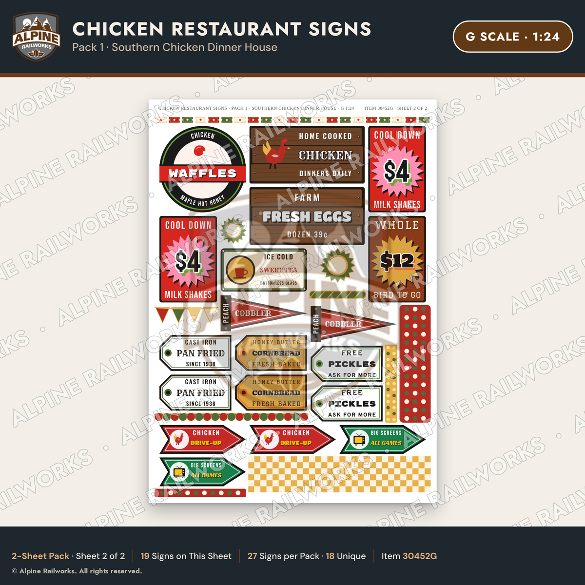 Alpine Railworks 30452G G Scale Chicken Restaurant Signs