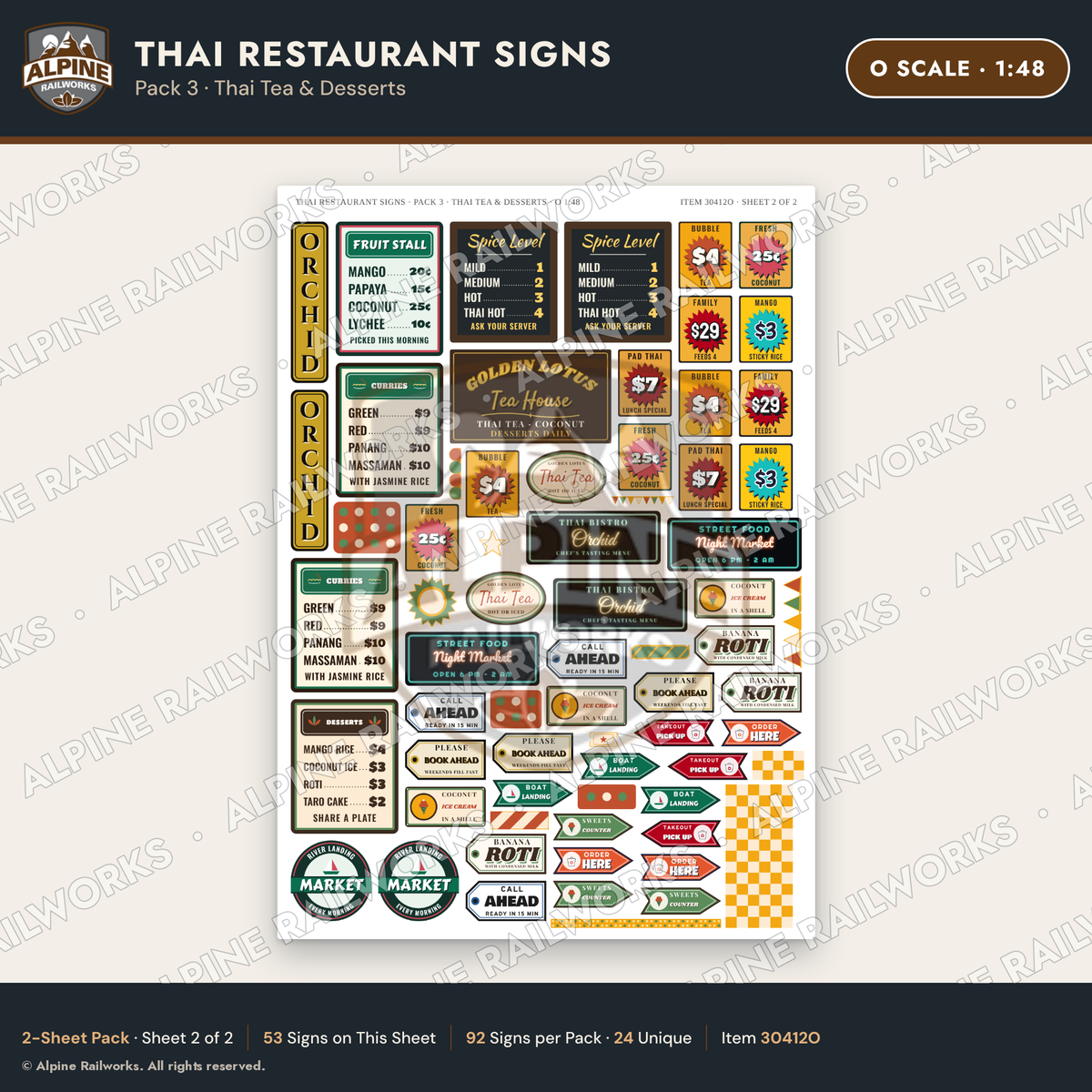 Alpine Railworks 30412O O Scale Thai Restaurant Signs - Thai Tea