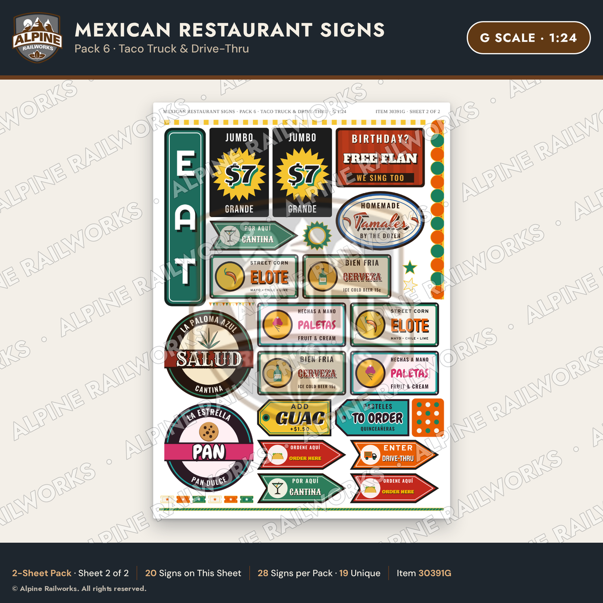 Alpine Railworks 30391G G Scale Mexican Restaurant Signs - Taco Truck
