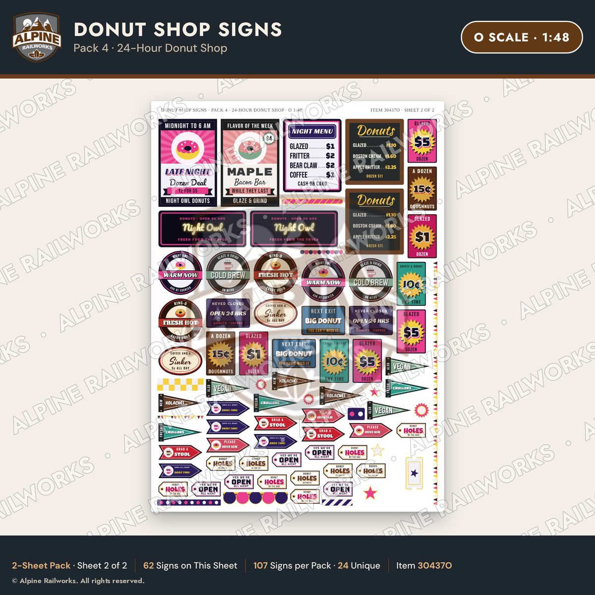 Alpine Railworks 30437O O Scale Donut Shop Signs - 24-Hour Donut Shop