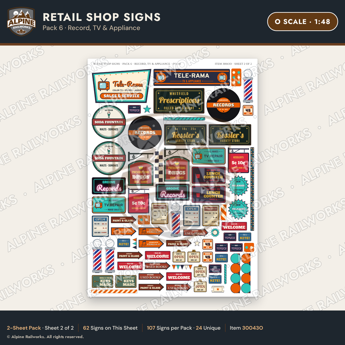 Alpine Railworks 30043O O Scale Retail Shop Signs - Record & TV