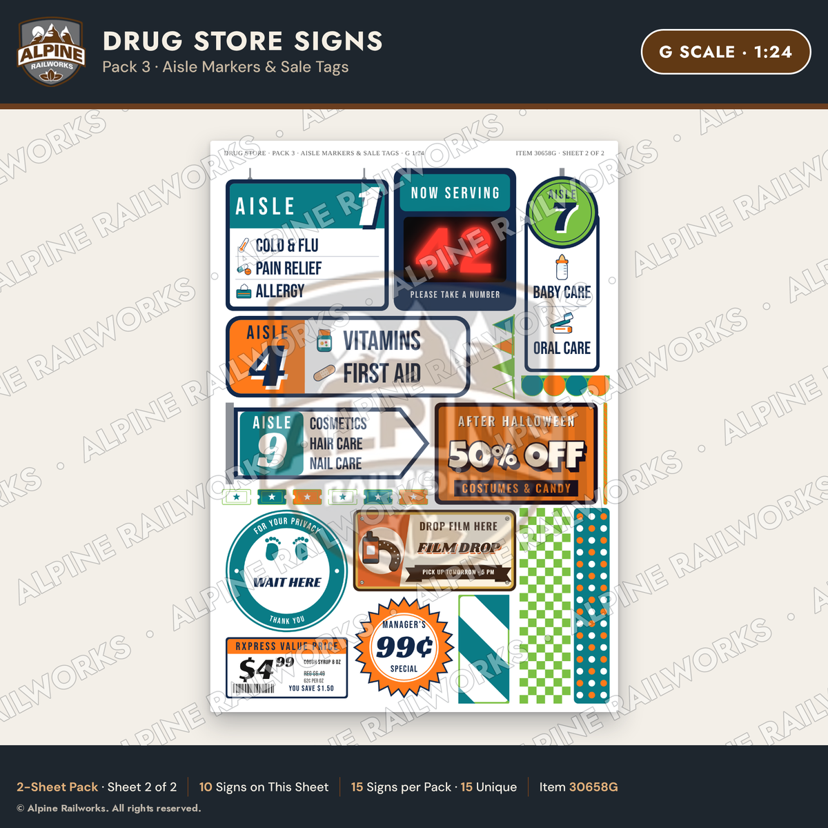 Alpine Railworks 30658G G Scale Drug Store Signs - Aisle Markers