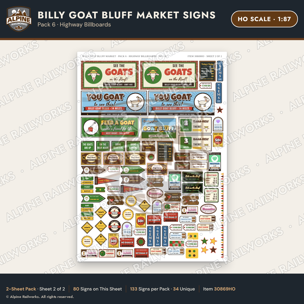 Alpine Railworks 30869HO HO Scale Roadside Signs - Goats on the Roof