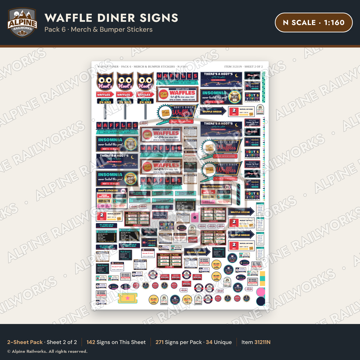 Alpine Railworks 31211N N Scale Waffle Diner Signs - Bumper Stickers