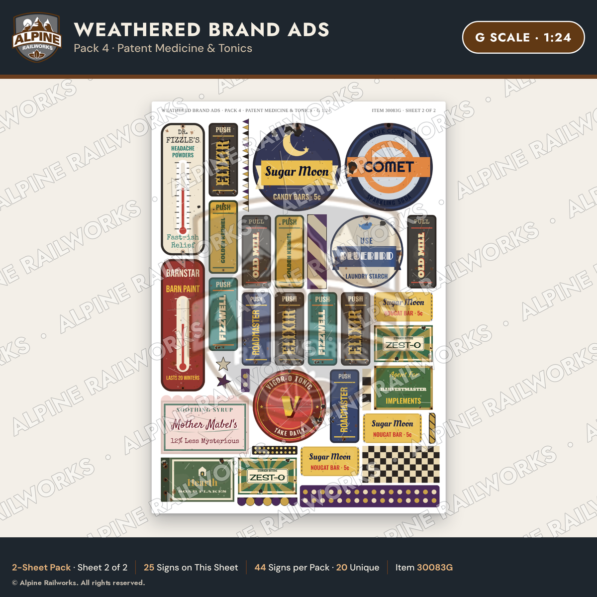 Alpine Railworks 30083G G Scale Weathered Brand Ads - Patent Medicine