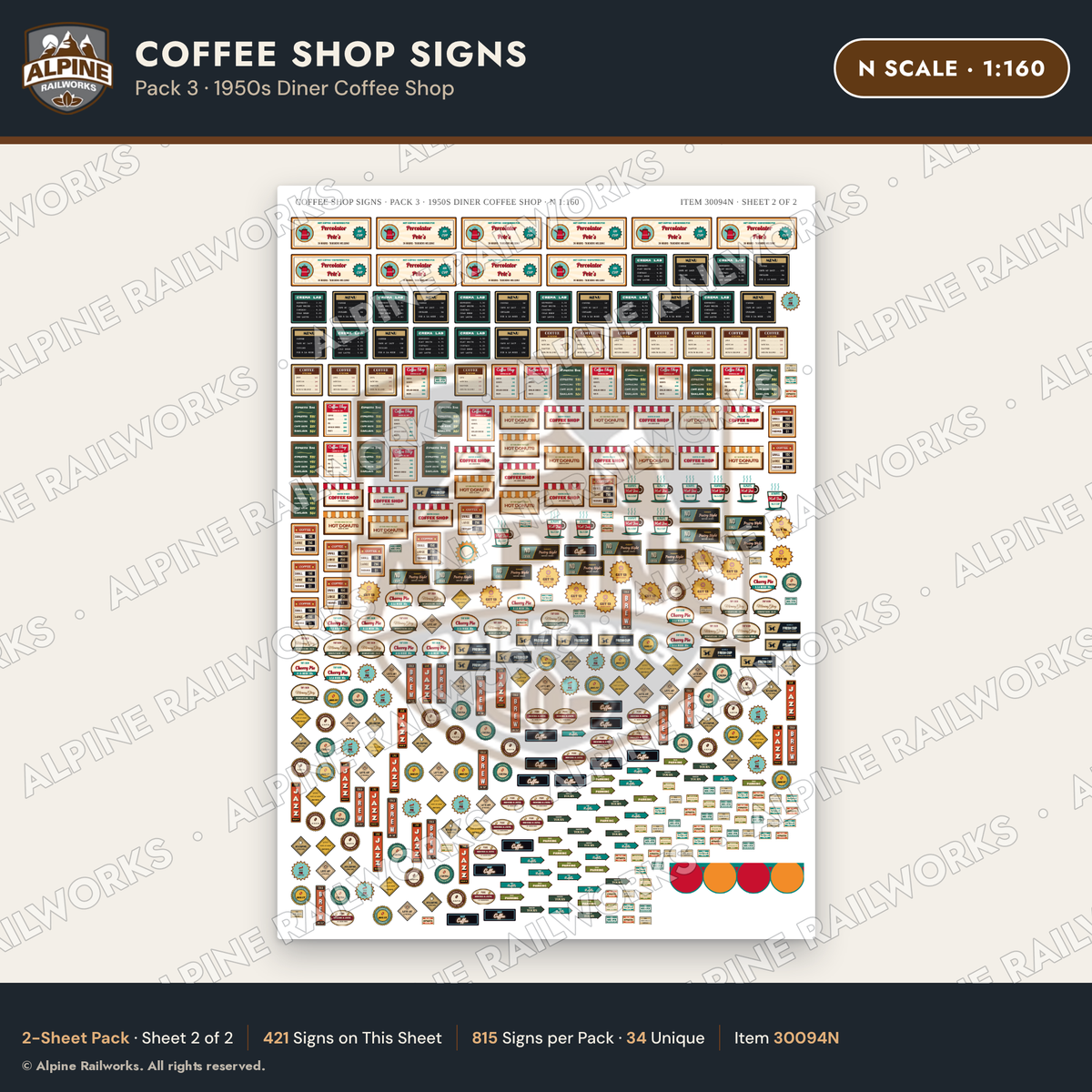 Alpine Railworks 30094N N Scale Coffee Shop Signs - Diner Coffee Shop