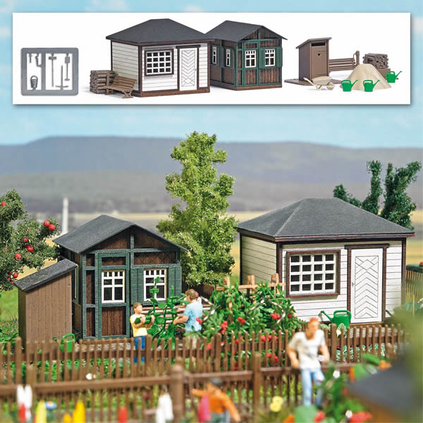 Busch 1616 HO Scale Garden - Summer Sheds -- Laser-Cut Kit - Set 1: 2 Sheds, Outhouse, 2 Woodpiles, Garden Details, Fence