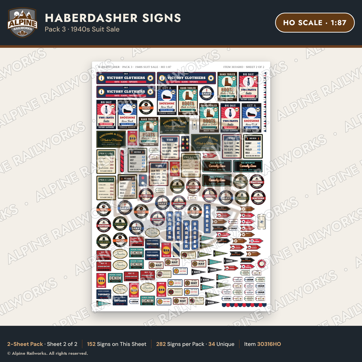Alpine Railworks 30316HO HO Scale Haberdasher Signs - 1940s Suit Sale