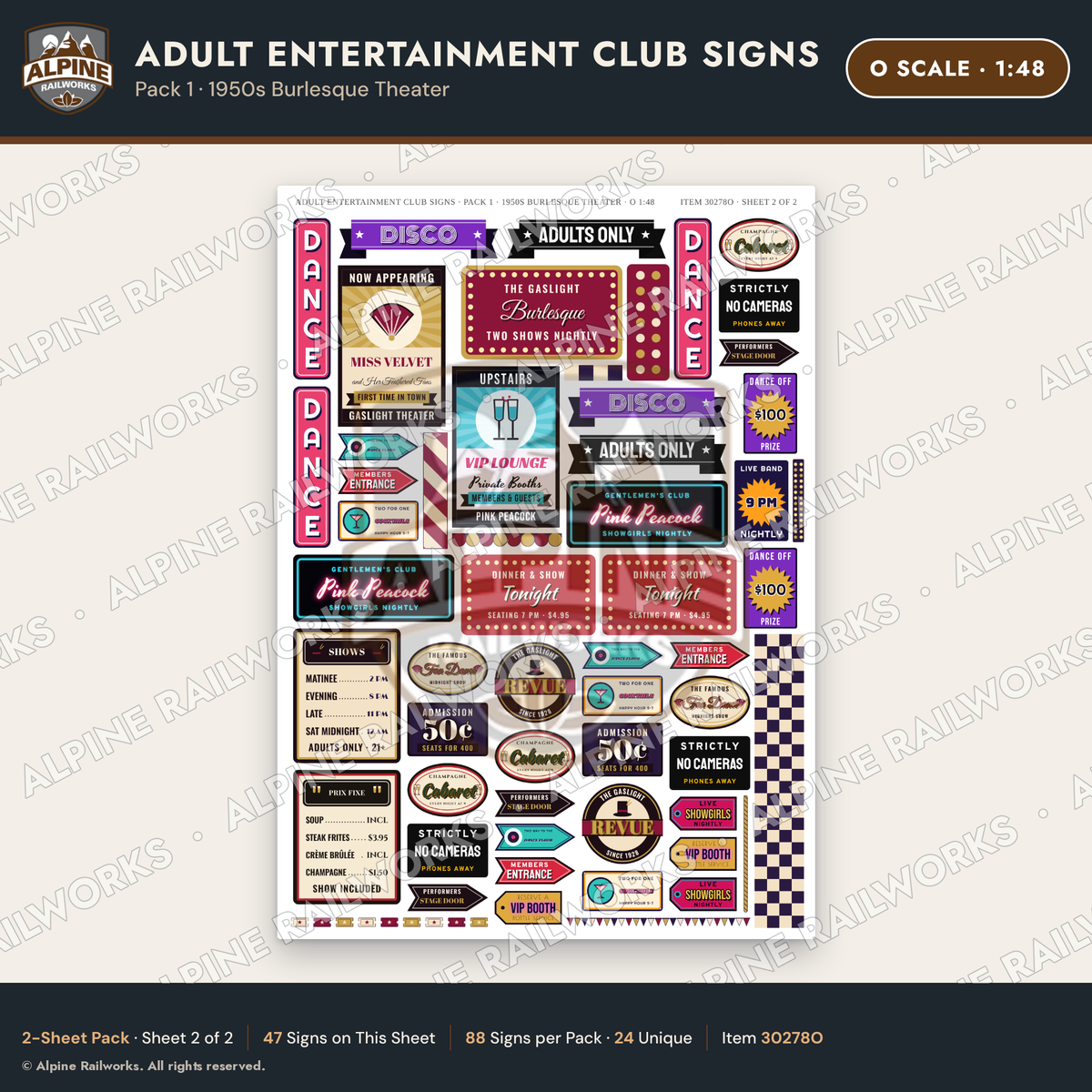 Alpine Railworks 30278O O Scale Adult Entertainment Club Signs