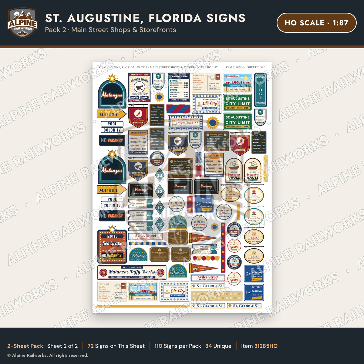 Alpine Railworks 31285HO HO Scale St. Augustine FL Signs - Shops