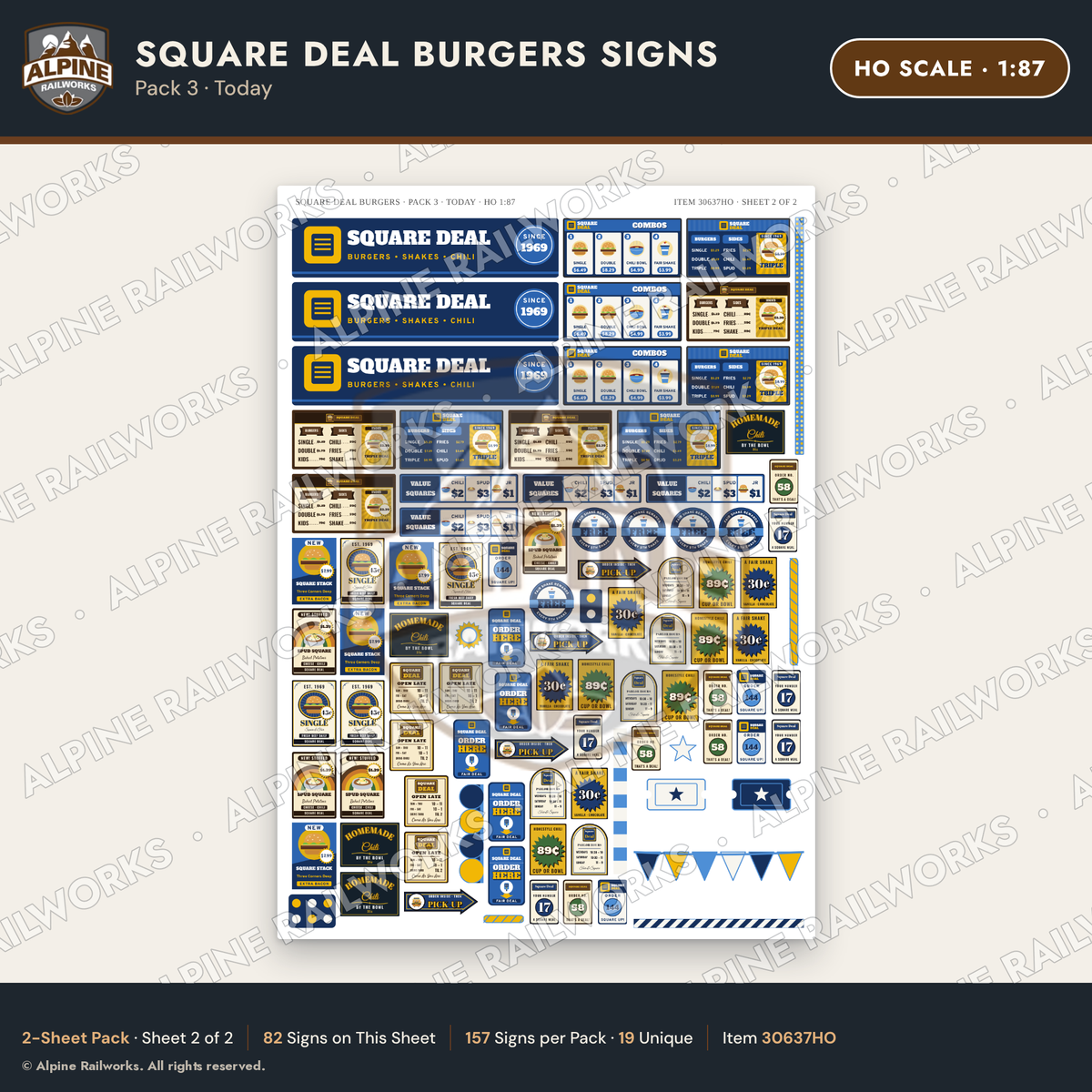 Alpine Railworks 30637HO HO Scale Fast Food Signs - Square Burgers