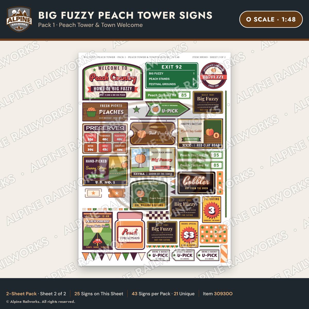 Alpine Railworks 30930O O Scale Roadside Signs - Peach Water Tower