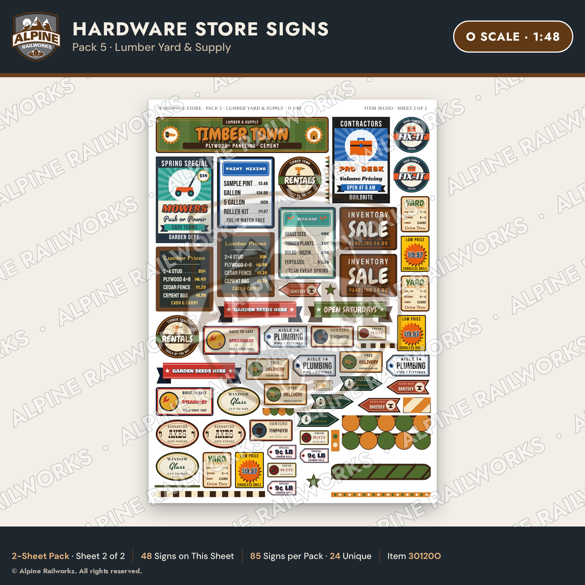 Alpine Railworks 30120O O Scale Hardware Store Signs - Lumber Yard