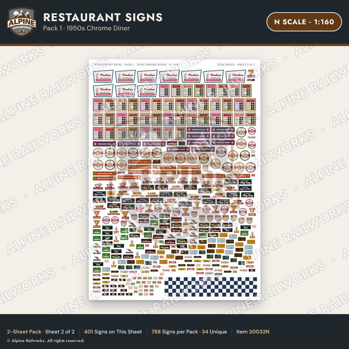 Alpine Railworks 30032N N Scale Restaurant Signs - 1950s Chrome Diner