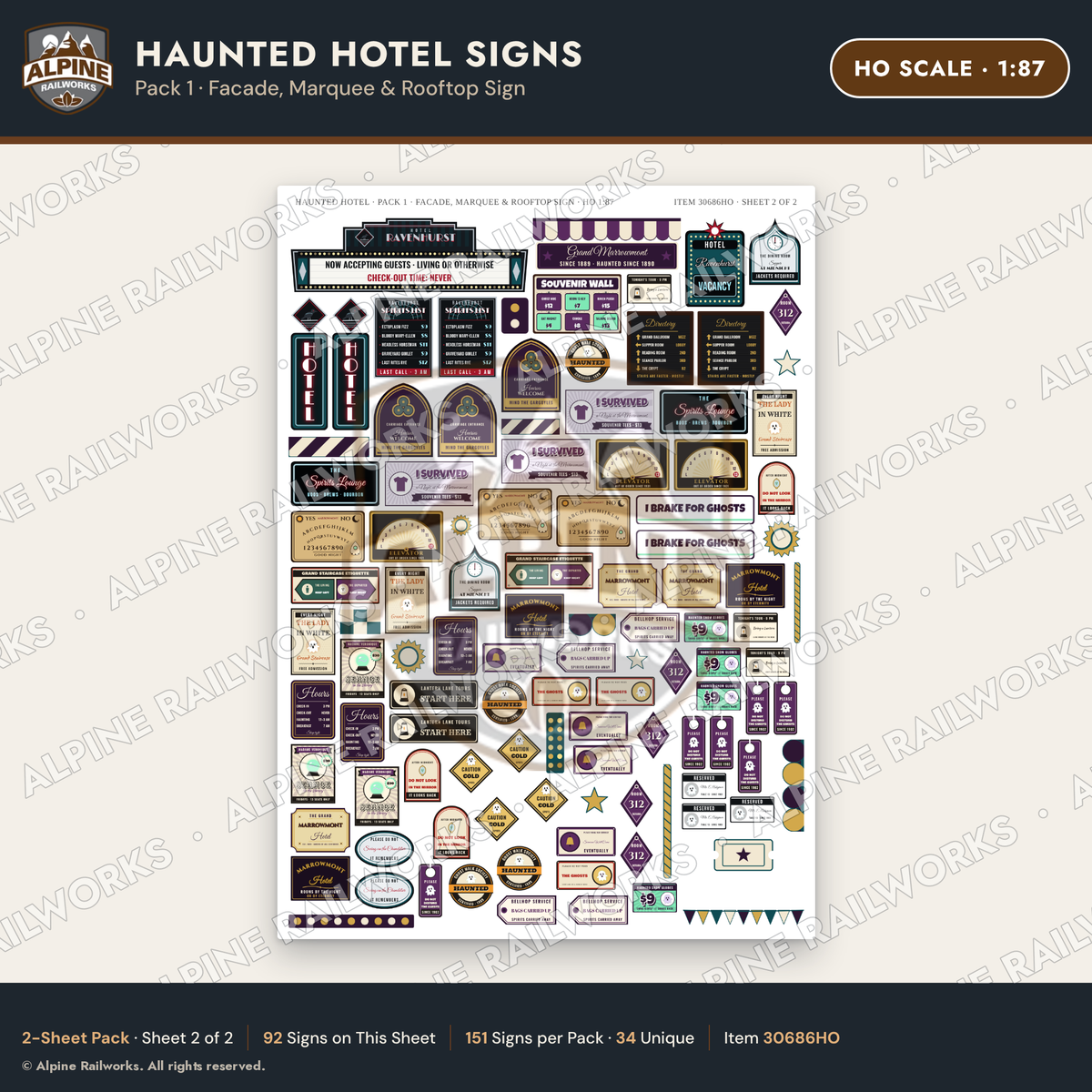 Alpine Railworks 30686HO HO Scale Haunted Hotel Signs - Facade