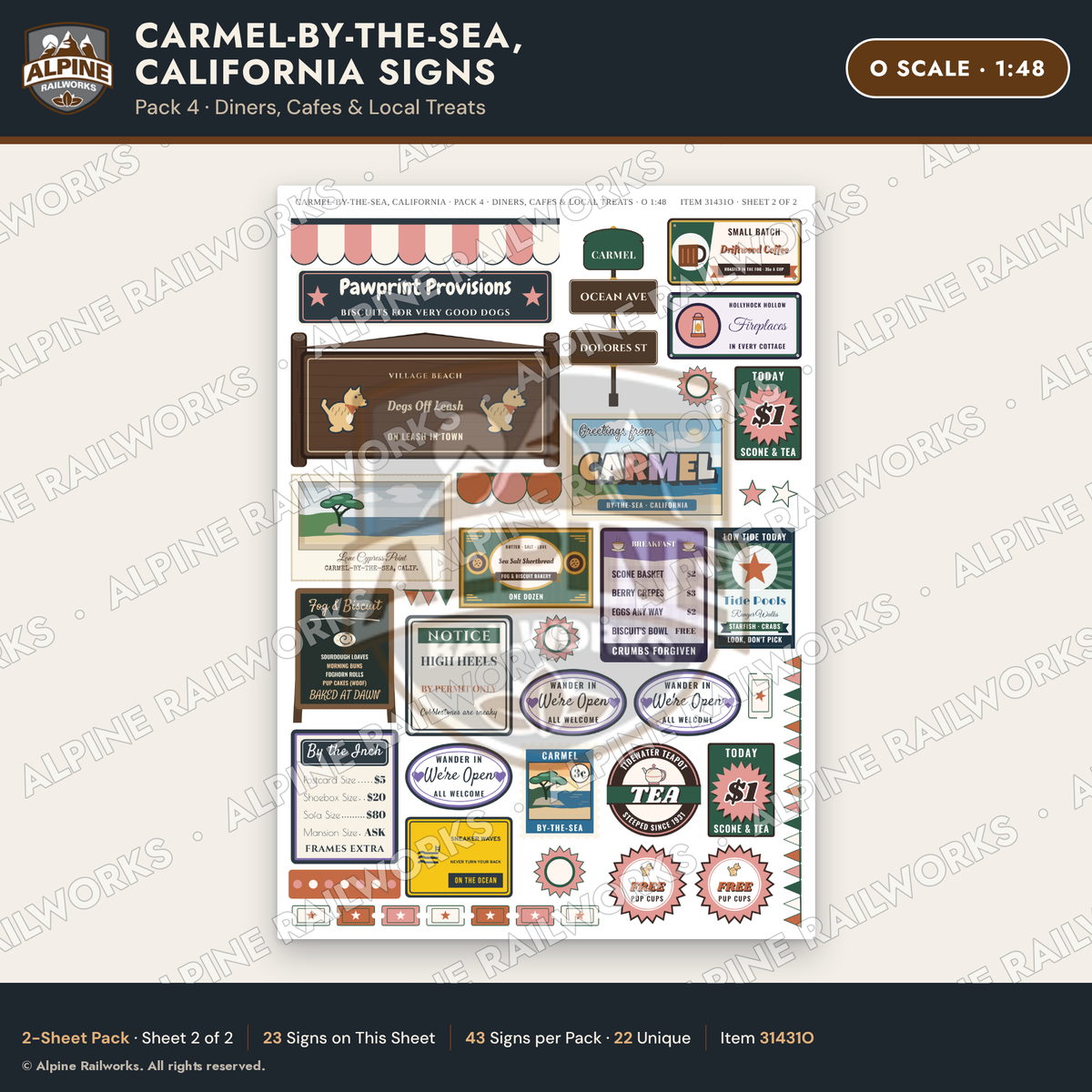 Alpine Railworks 31431O O Scale Carmel CA Signs - Diners & Cafes
