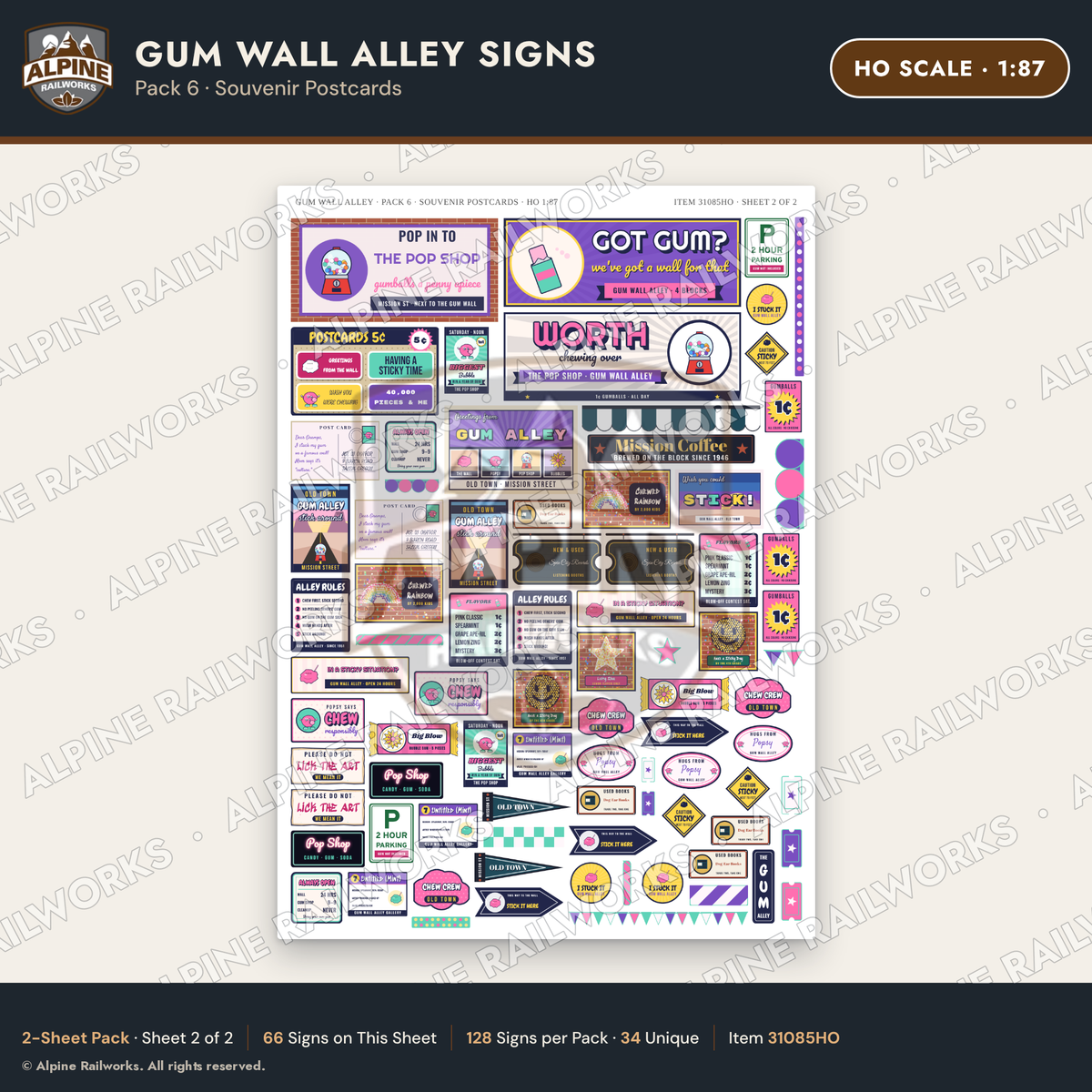 Alpine Railworks 31085HO HO Scale Roadside Signs - Bubblegum Alley
