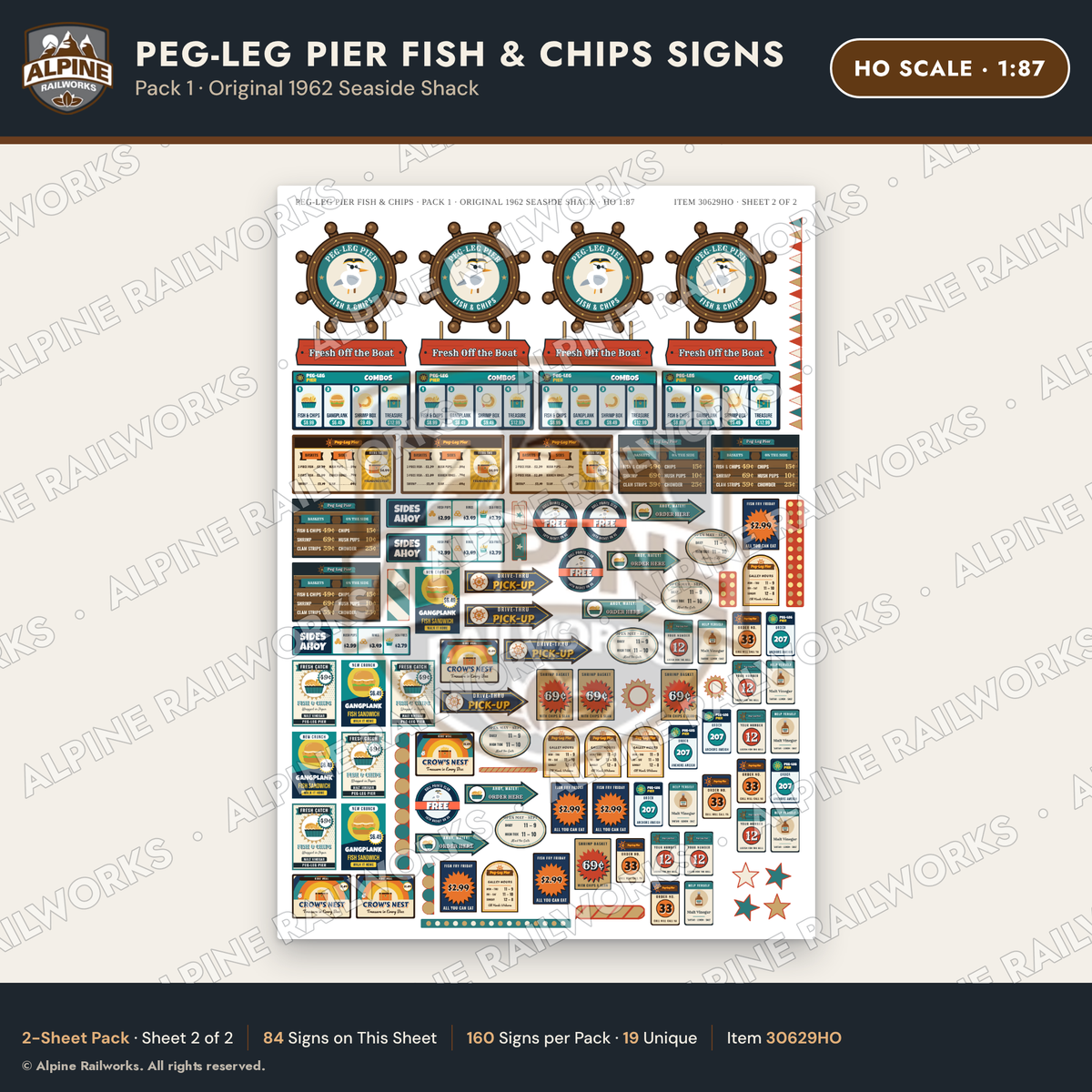 Alpine Railworks 30629HO HO Scale Fast Food Signs - Fish & Chips