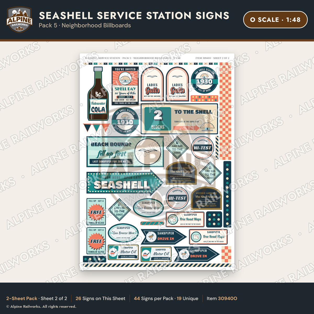Alpine Railworks 30940O O Scale Roadside Signs - Seashell Gas Station