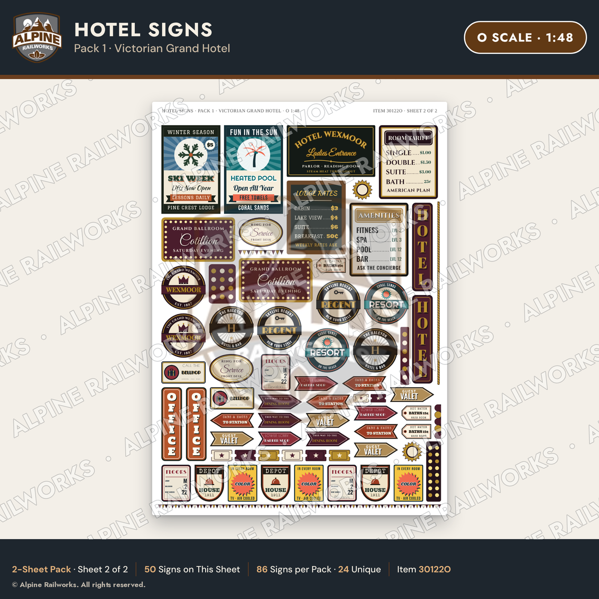 Alpine Railworks 30122O O Scale Hotel Signs - Victorian Grand Hotel