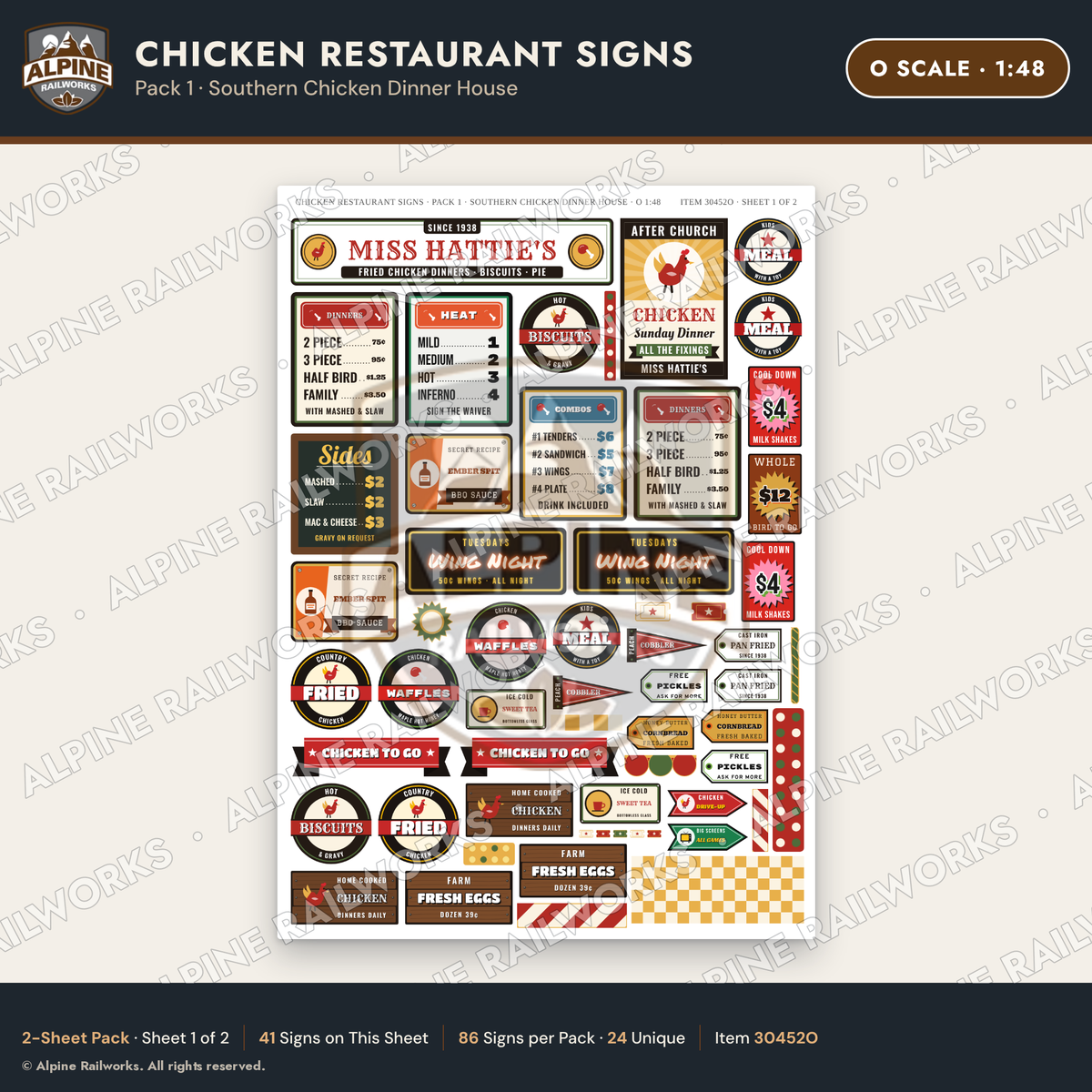 Alpine Railworks 30452O O Scale Chicken Restaurant Signs