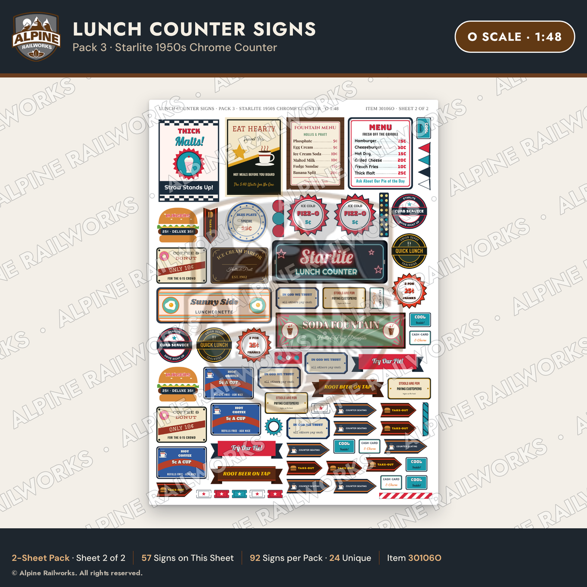 Alpine Railworks 30106O O Scale Lunch Counter Signs