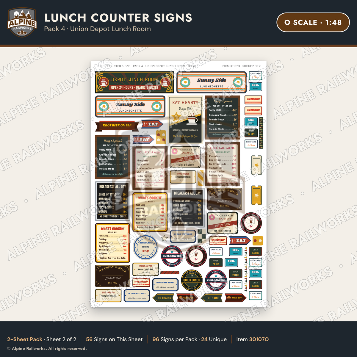 Alpine Railworks 30107O O Scale Lunch Counter Signs