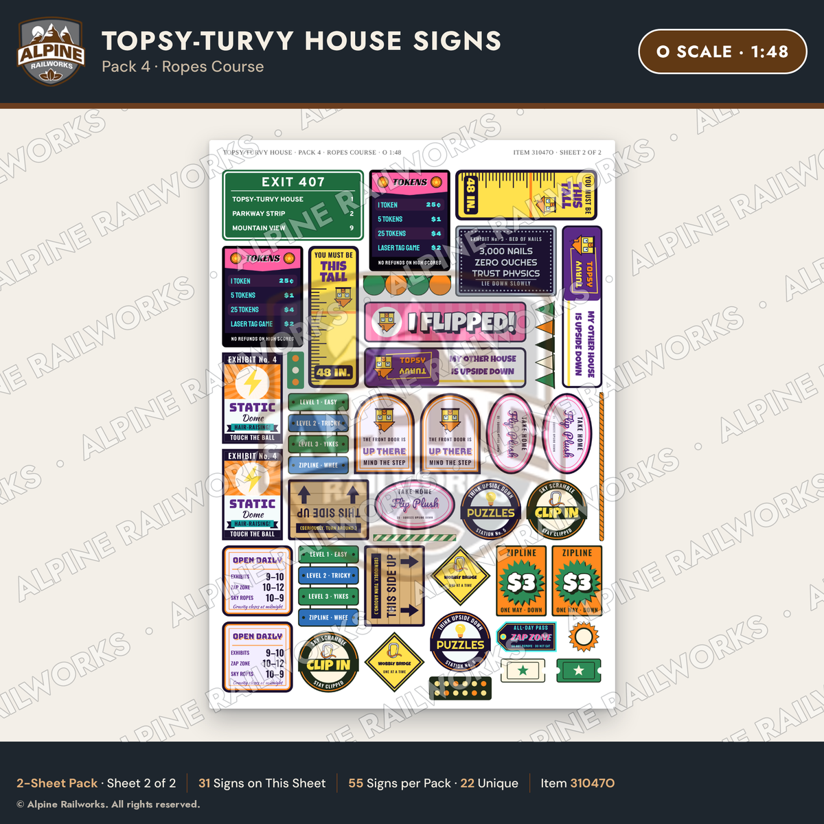 Alpine Railworks 31047O O Scale Roadside Signs - Upside-Down House