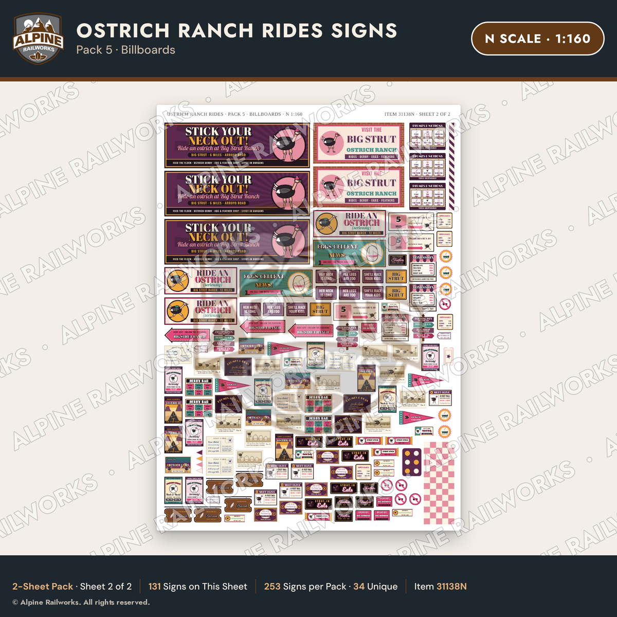 Alpine Railworks 31138N N Scale Roadside Signs - Ostrich Farm
