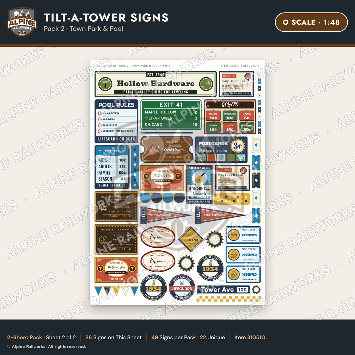 Alpine Railworks 31051O O Scale Roadside Signs - Leaning Tower