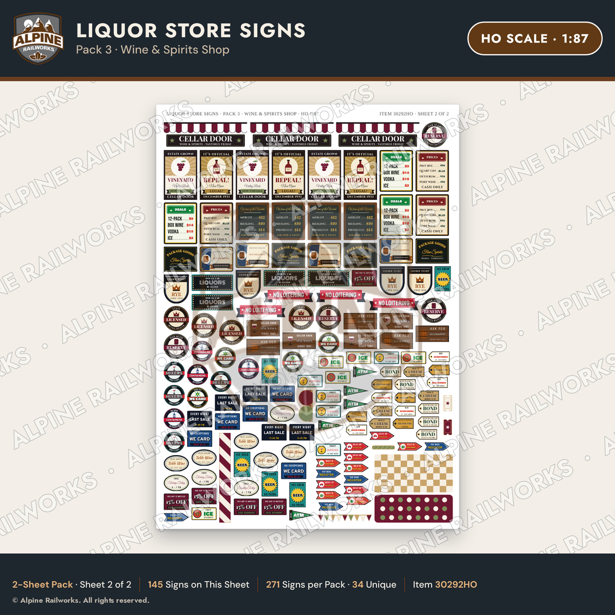 Alpine Railworks 30292HO HO Scale Liquor Store Signs - Wine