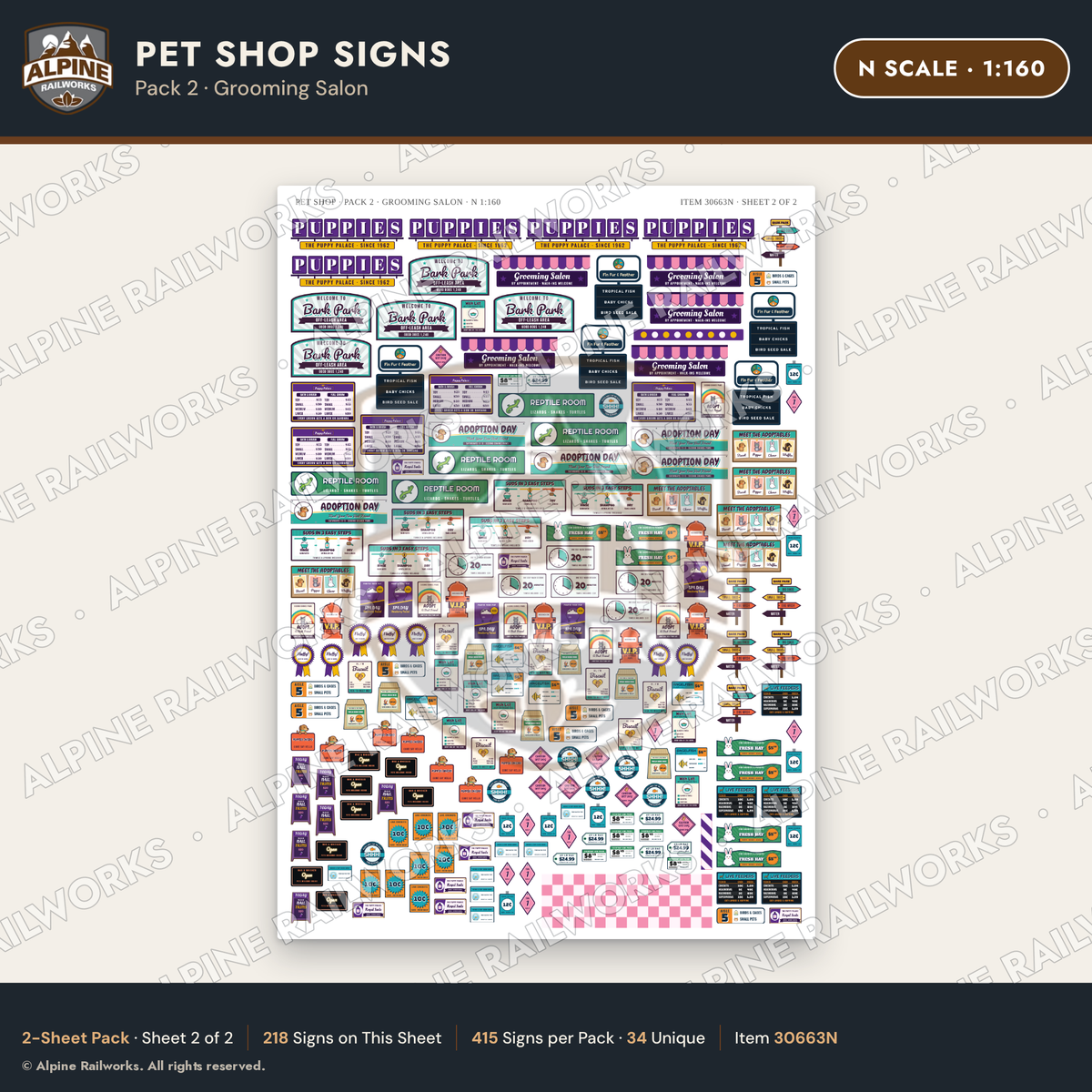Alpine Railworks 30663N N Scale Pet Shop Signs - Grooming Salon