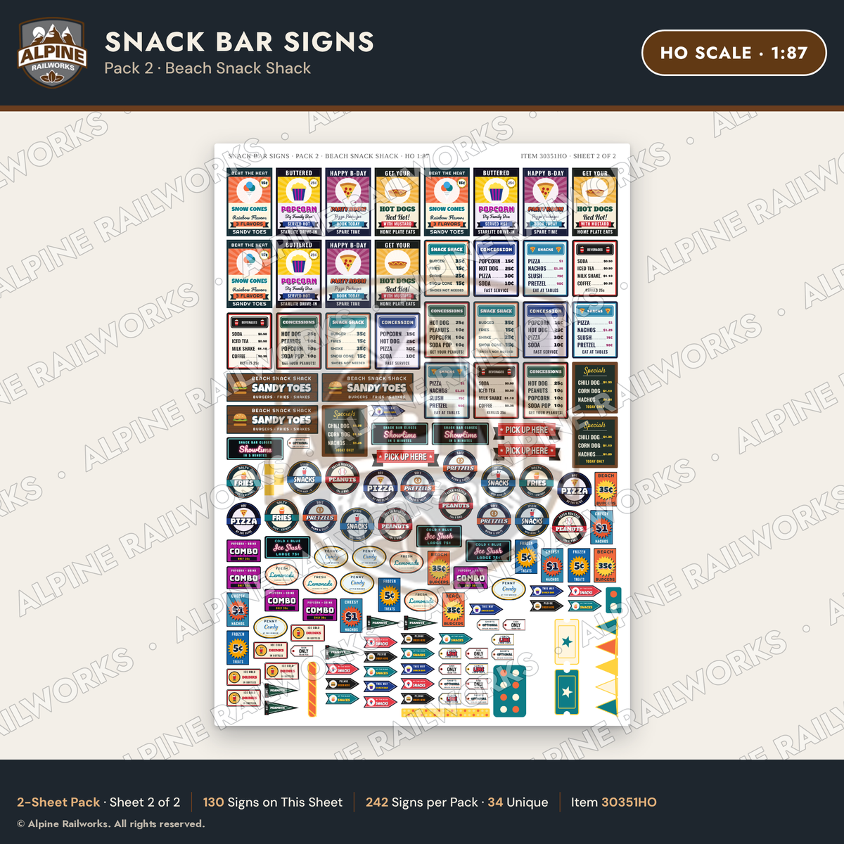 Alpine Railworks 30351HO HO Scale Snack Bar Signs - Beach Snack Shack