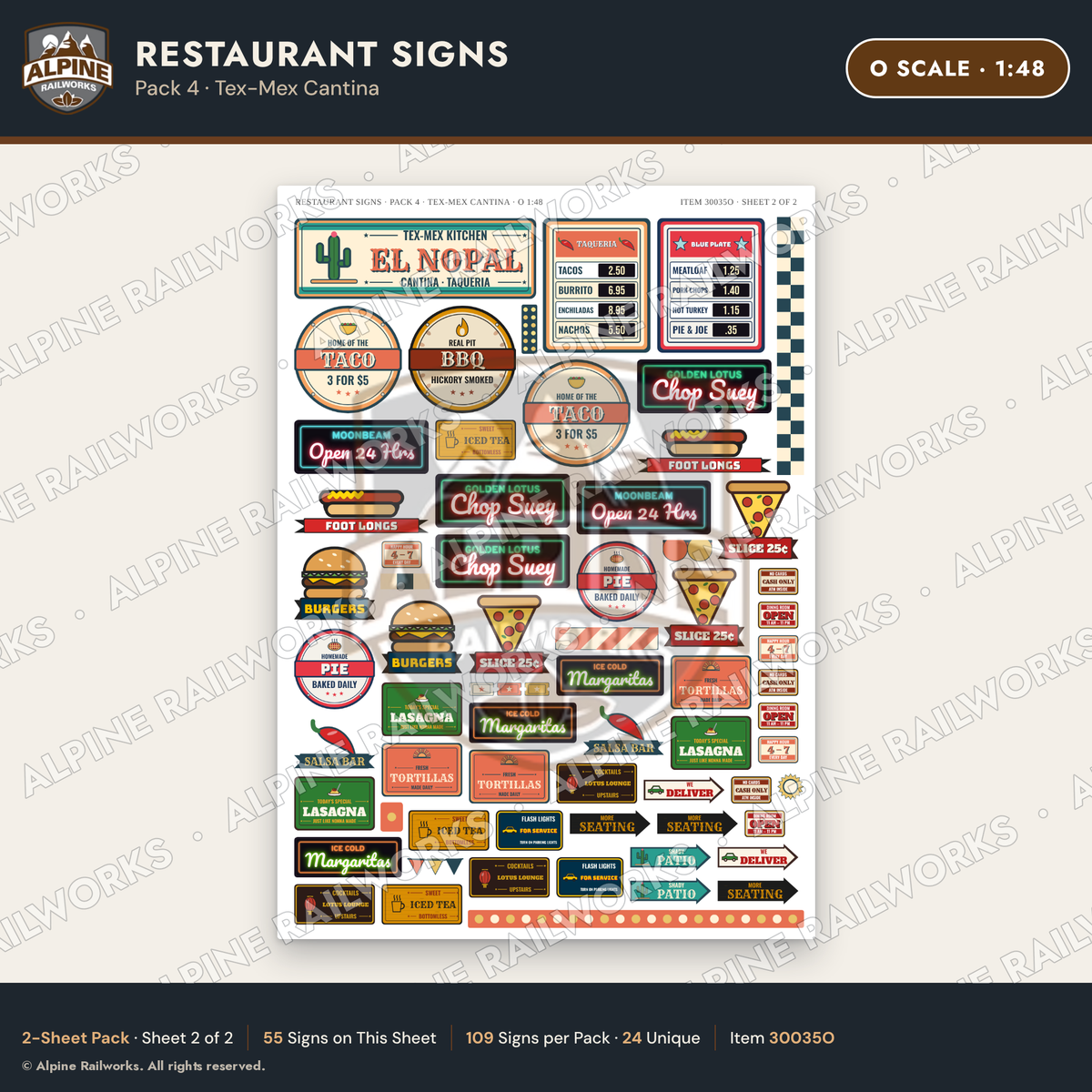 Alpine Railworks 30035O O Scale Restaurant Signs - Tex-Mex Cantina