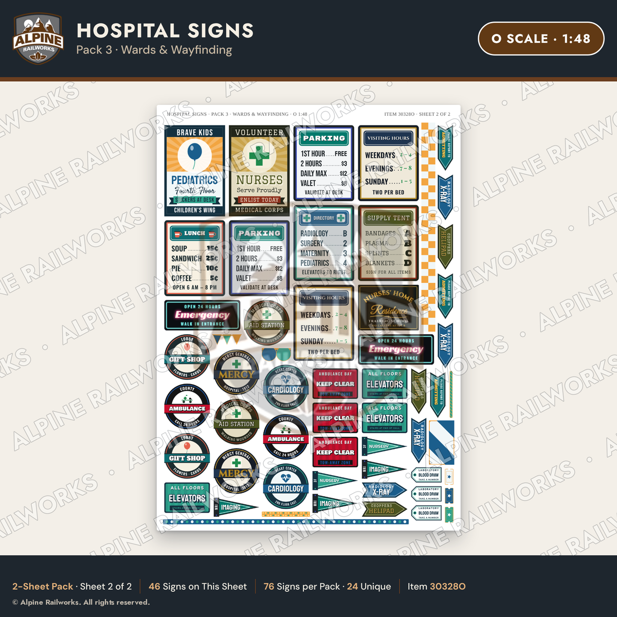 Alpine Railworks 30328O O Scale Hospital Signs - Wards & Wayfinding