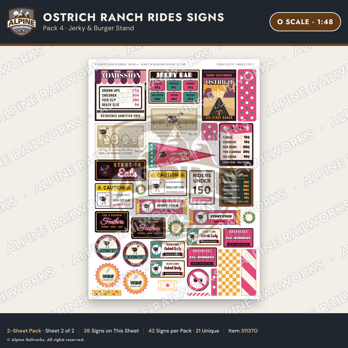 Alpine Railworks 31137O O Scale Roadside Signs - Ostrich Farm