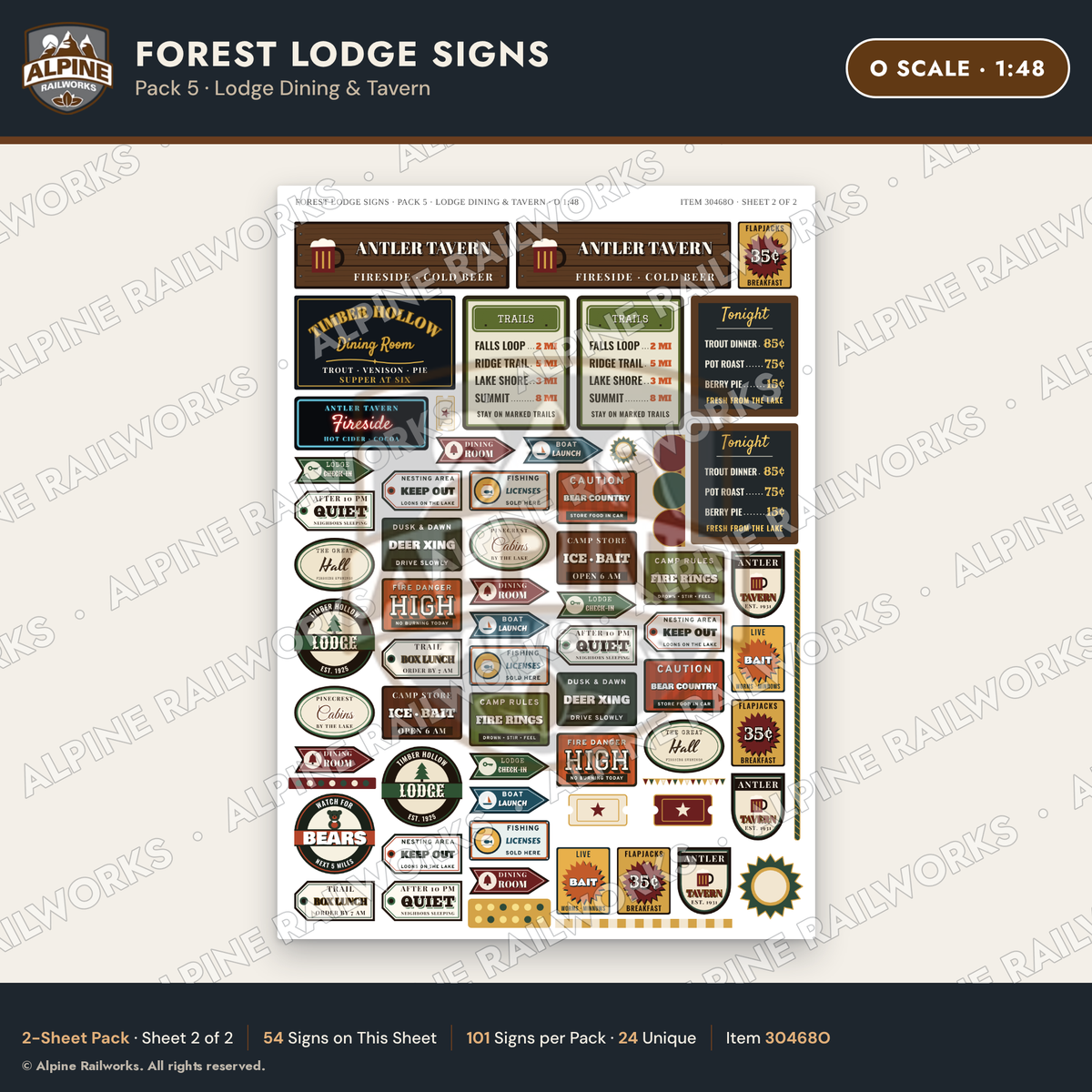 Alpine Railworks 30468O O Scale Forest Lodge Signs - Lodge Dining